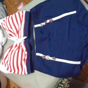 Two peice sailor bathing suit.